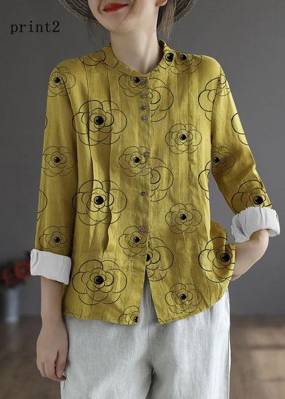 Blue Flower Button Fall Top Long Sleeve Linen