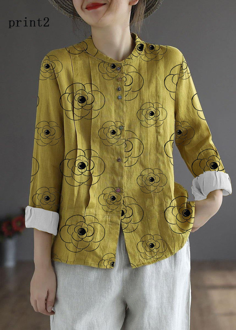 Blue Flower Button Fall Top Long Sleeve Linen