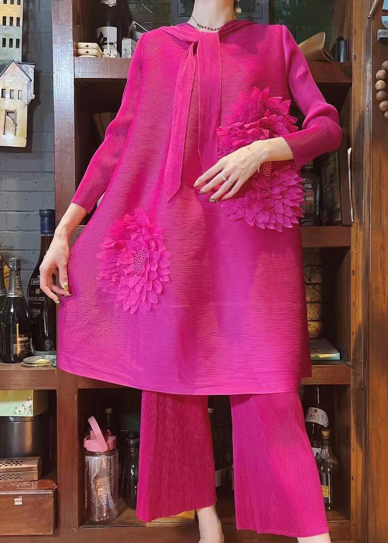 Boutique Purple O Neck Wrinkled Silk Two Pieces Set Spring