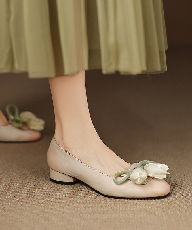 Green Bow Splicing Cowhide Leather Flat Shoes