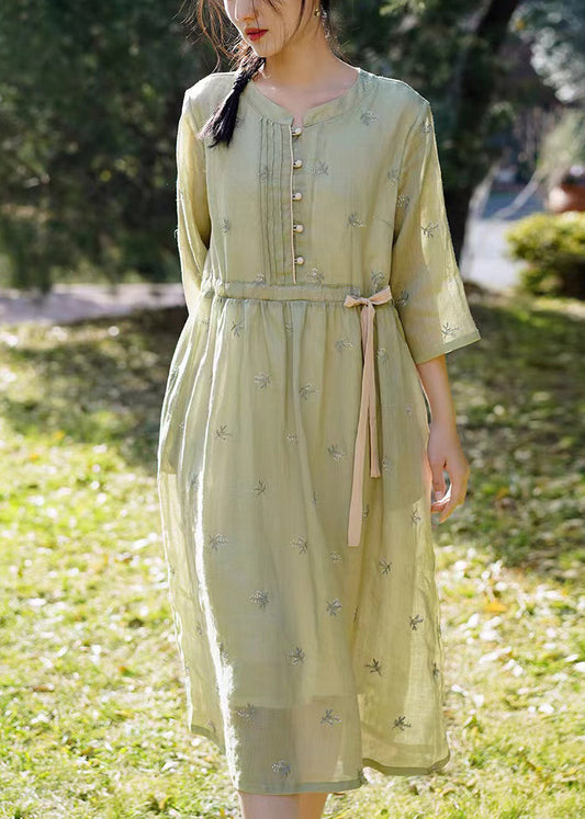 Green Tie Waist Linen Dresses O-neck Bracelet Sleeve