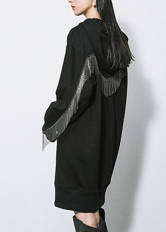 Black Patchwork Tassel Cotton Hooded Mid Dresses Fall