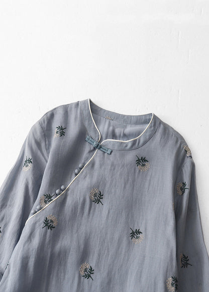 Grey Embroidered Button Cotton Dresses Half Sleeve Summer