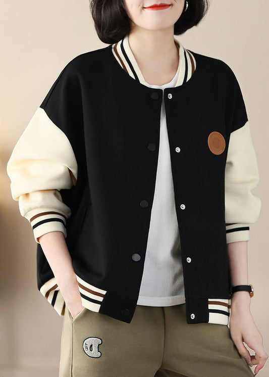 Black Stand Collar Oversized Patchwork Cotton Coats Spring