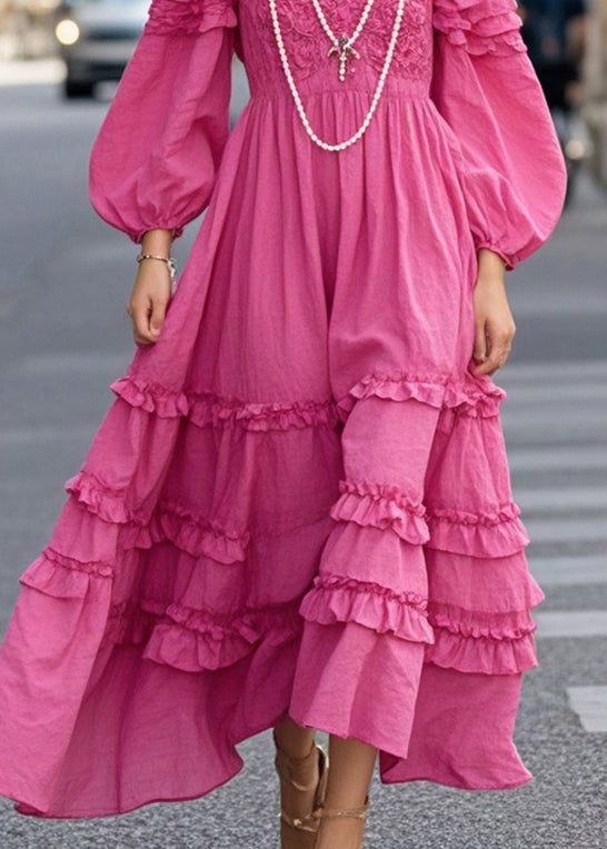Rose Ruffled Exra Large Hem Cotton Vacation Dresses Fall