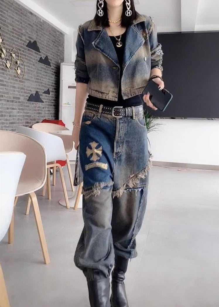 Handmade Grey Peter Pan Collar Patchwork Coats and Jeans Two Pieces Set Fall