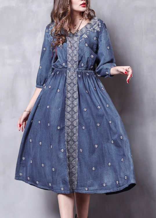 French Blue Elastic Waist V Neck Embroideried Cotton Dresses Half Sleeve
