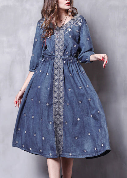 French Blue Elastic Waist V Neck Embroideried Cotton Dresses Half Sleeve