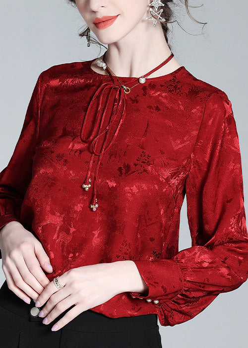 Jacquard Red O-neck Neck Tiie Silk Shirt Spring