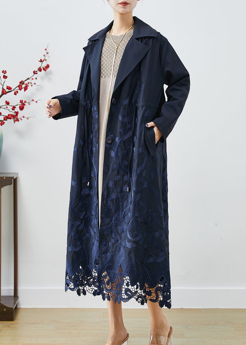 Navy Embroideried Tie Waist Spandex Trench Coats Fall