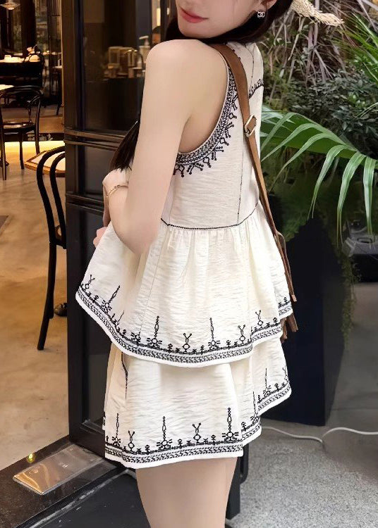 Art White Embroidered Tops and Skirts Cotton Two Pieces Set Sleeveless