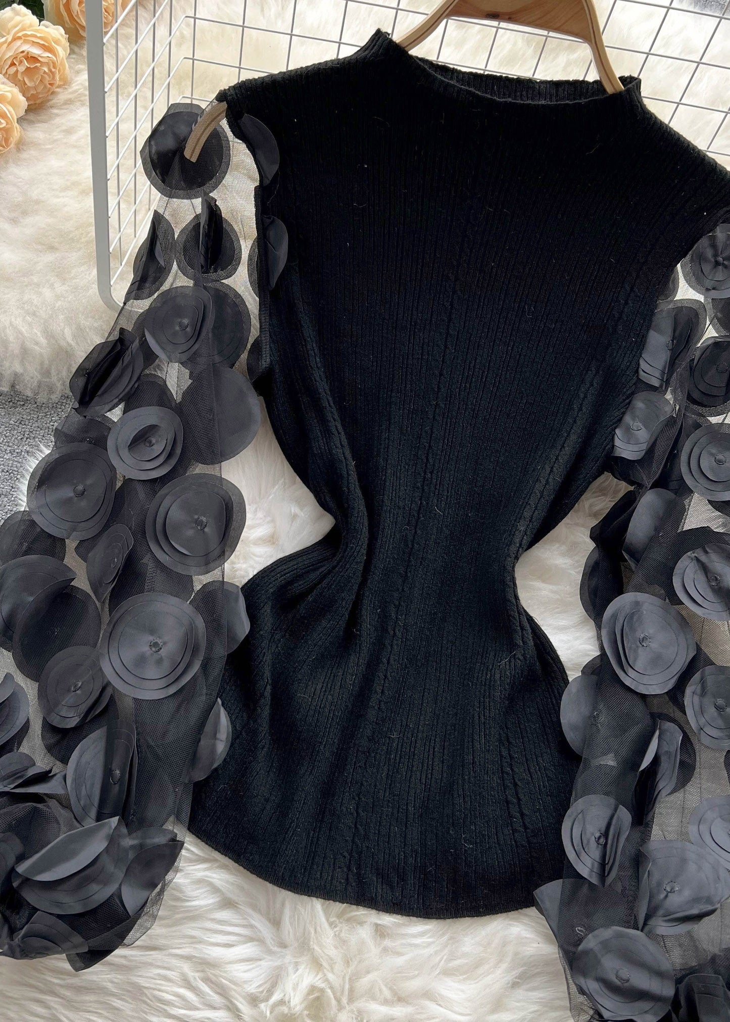 Natural Black O-neck Patchwork Tulle Top Puff Sleeve