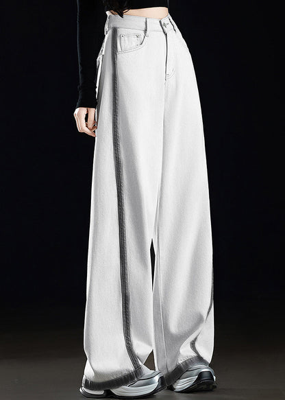 Grey White Pockets Patchwork Denim Wide Leg Pants Spring