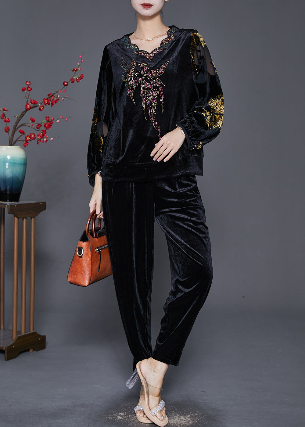 Diy Black Hollow Out Zircon Silk Velour 2 Piece Outfit Fall