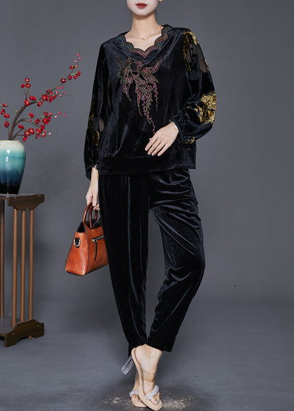 Diy Black Hollow Out Zircon Silk Velour 2 Piece Outfit Fall