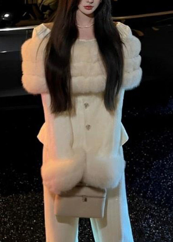 Vogue White Fur Collar Coats and Wide Leg Pants Two Pieces Set Winter