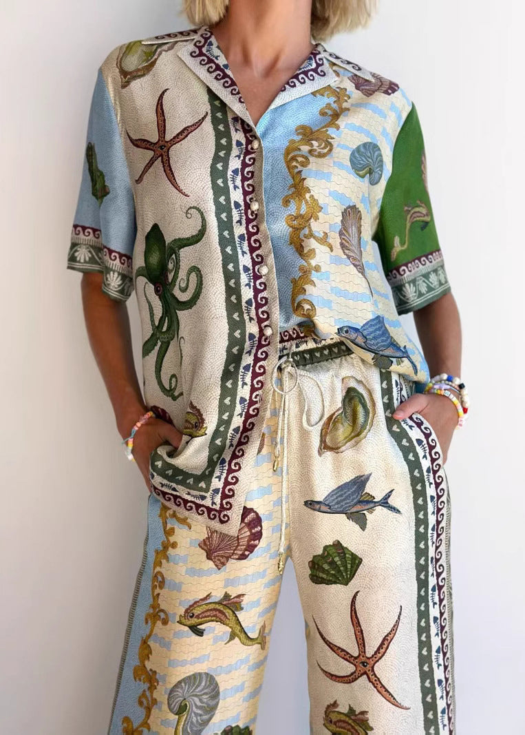 Apricot Peter Pan Collar Button Shirts and Wide Leg Pants Two-piece Set Summer