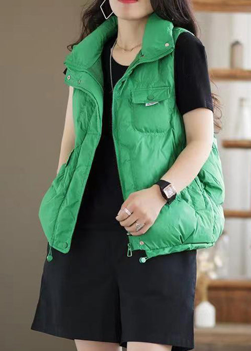 Green Zip Up Pockets Patchwork Duck Down Waistcoat Sleeveless