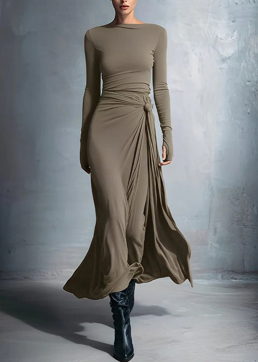 New Minimalist Grey Slash Neck Slim Fit Long Dress Spring