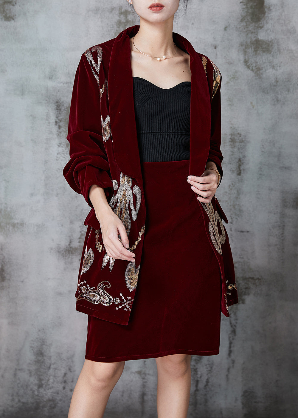 Mulberry Patchwork Silk Velour Two Piece Set Clothing Sequins Spring