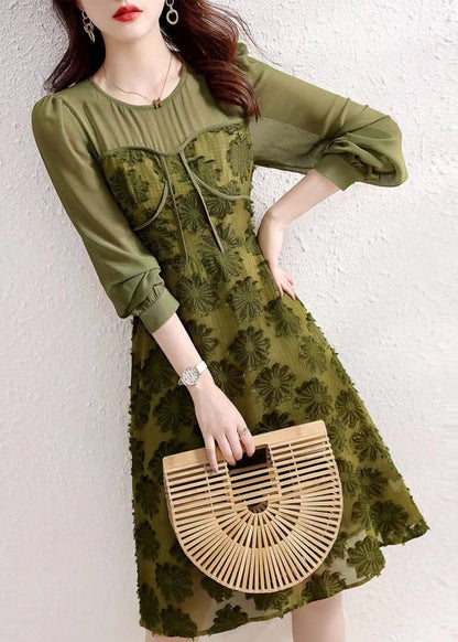 Army Green O Neck High Waist Patchwork Chiffon Dresses Fall