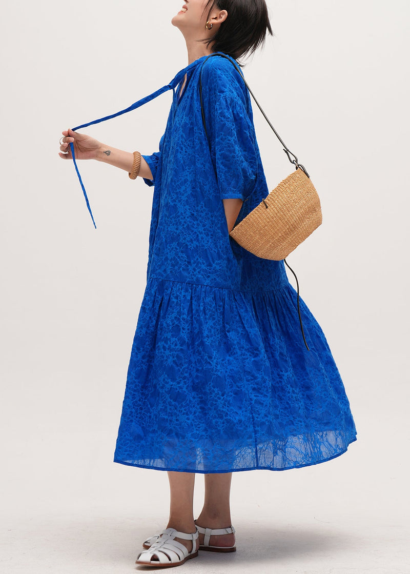 Blue Print Pockets Lace Up Cotton Long Dresses Half Sleeve Fall