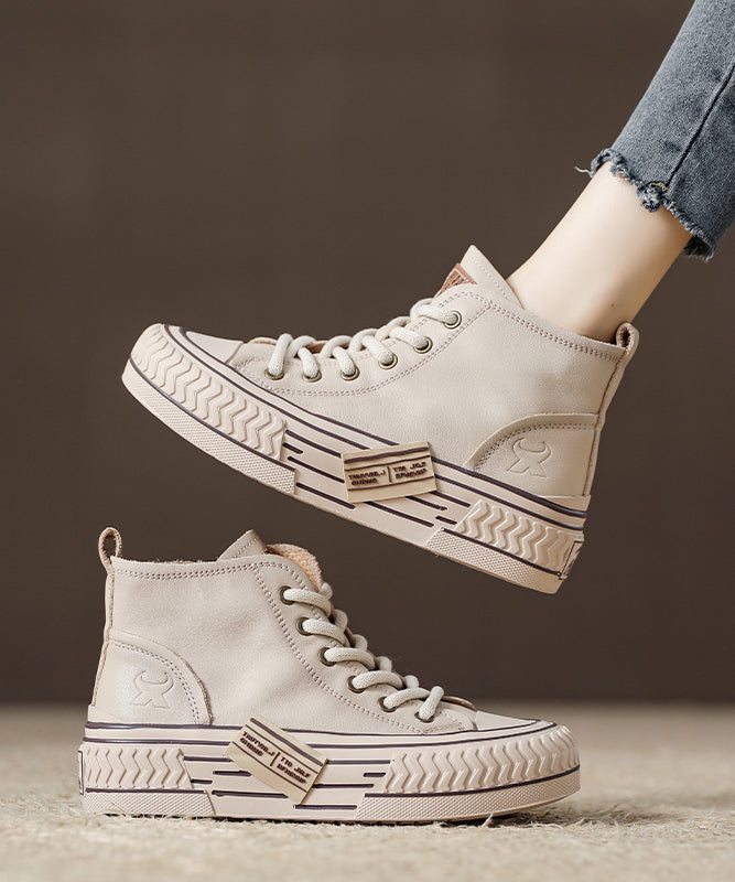 Beige Platform Soled Cowhide Lace Up High Top Board Shoes