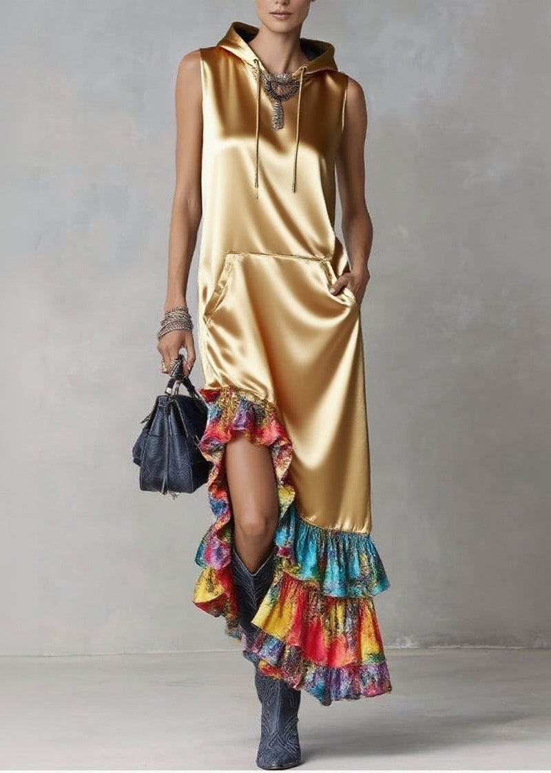 Golden Asymmetrical Patchwork Ruffles Silk Hooded Dresses Sleeveless