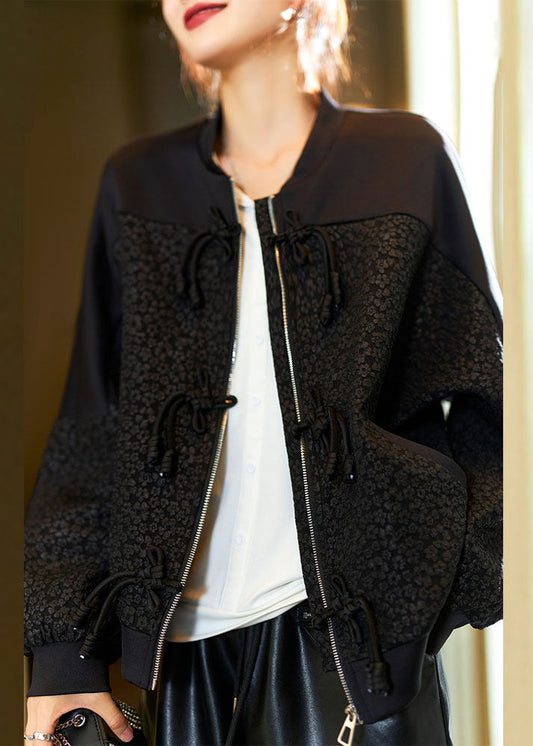 Jacquard Black O-neck Zippered Pockets Coats Fall