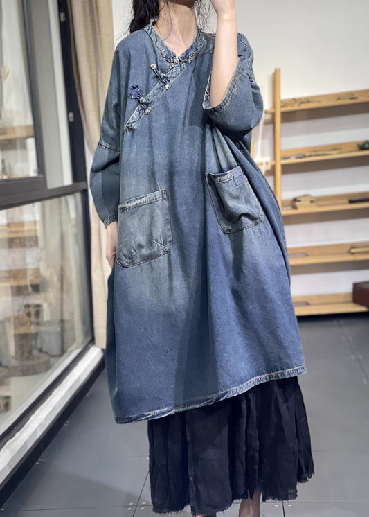 Blue Oversized Chinese Button Denim Long Dress Spring