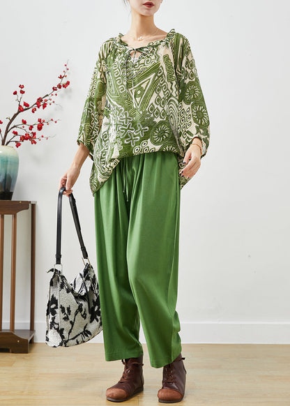 Green Ruffled Print Linen Two-piece Set Fall
