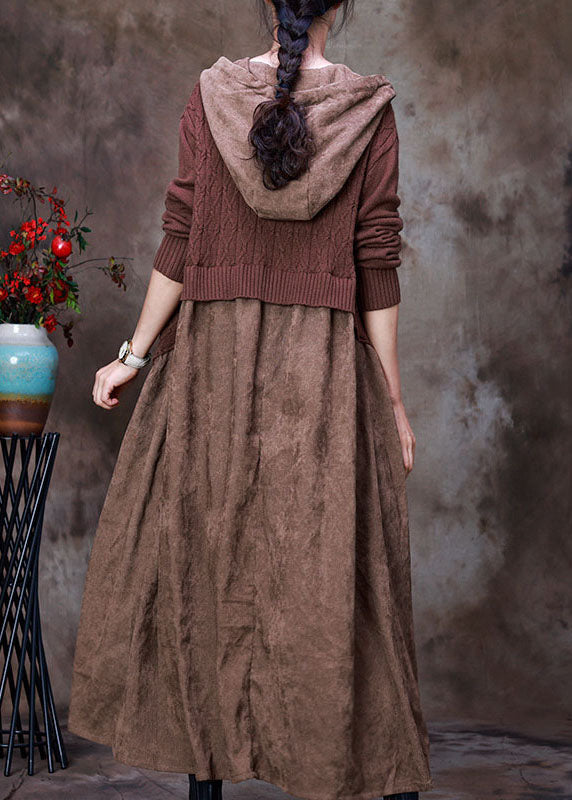 Chocolate Zippered Drawstring Hooded Patchwork Knit Coats Spring