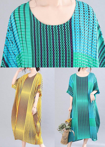 Blue Striped O-neck Short Sleeve Holiday Summer Cotton Dress