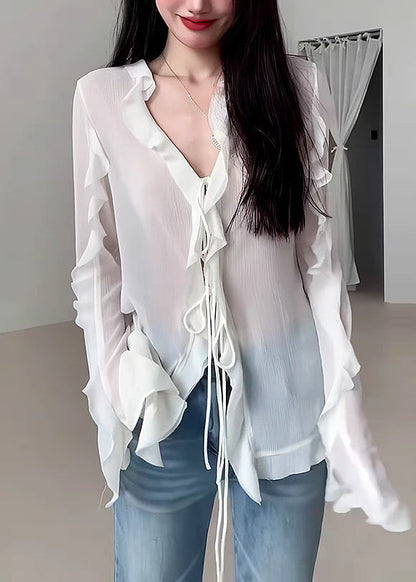 Natural White V Neck Ruffled Chiffon Shirt Fall