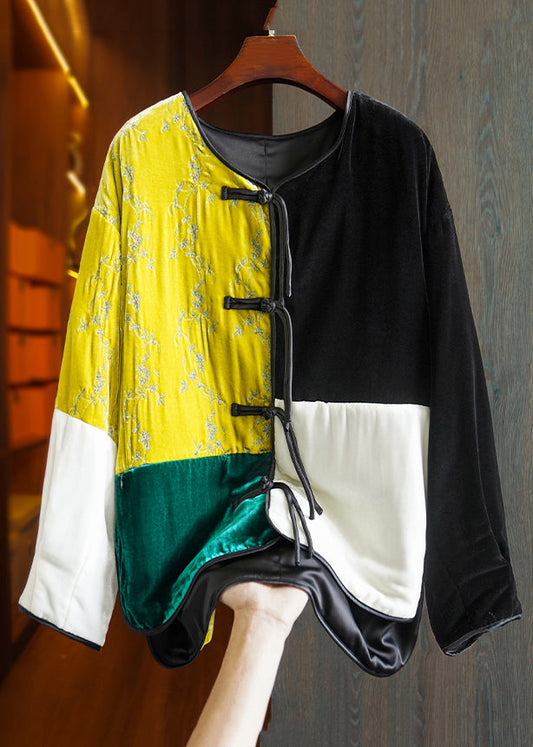 Colorblock O Neck Button Patchwork Silk Velour Parka Winter