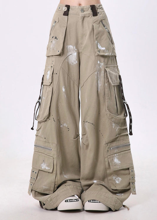 Italian Khaki Oversized Pockets Cotton Wide Leg Pants Fall