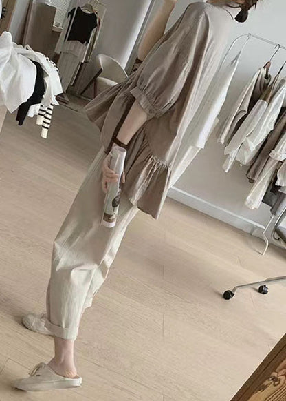 Khaki Peter Pan Collar Asymmetrical Wrinkled Cotton Shirt Summer