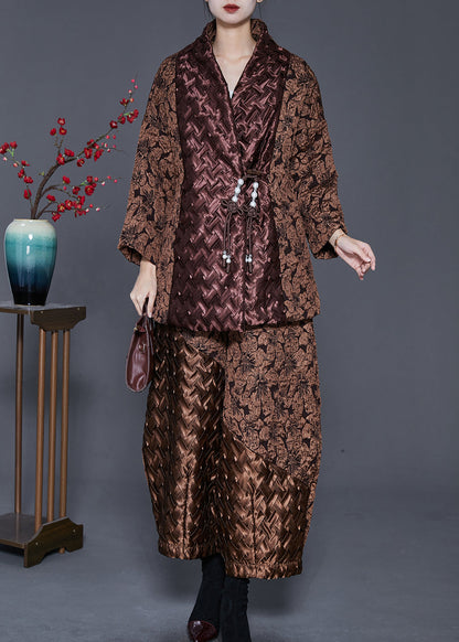 Khaki Tasseled Patchwork Jacquard Fine Cotton Filled Two Pieces Set Spring