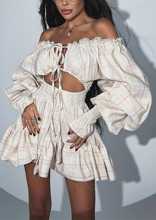 Apricot Plaid Cold Shoulder Cotton Tea Dress Summer