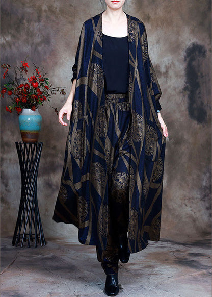 Blue Loose Print Asymmetrical Design Fall Two Pieces Set Long Sleeve