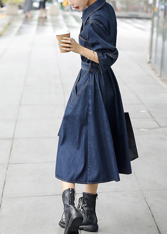 Blue Peter Pan Collar Patchwork Sashes Long Denim Dresses Fall