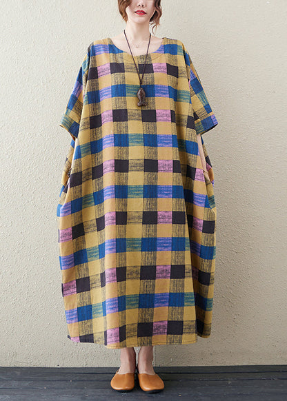 Yellow Plaid O-neck Long Dress Summer