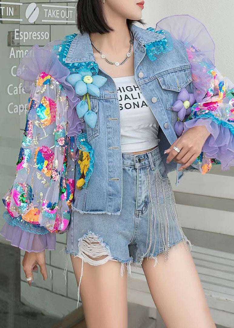 Italian Blue Tulle Ruffled Sequins Decorated Patchwork Denim Coat Spring