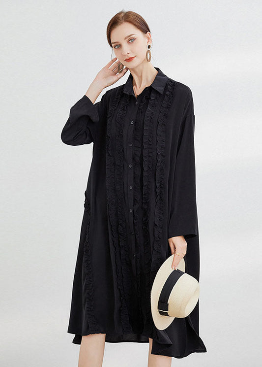Black Button Shirts Dress Ruffled Spring