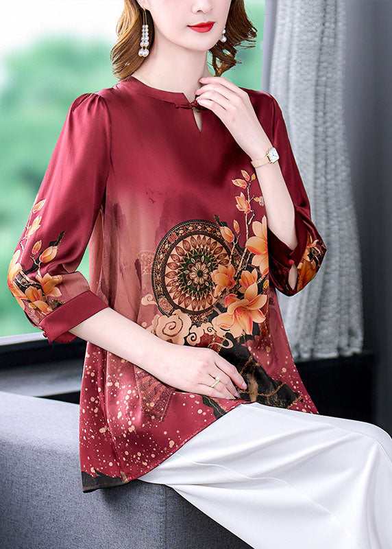 Boutique Red O-neck Print Draping Silk Blouse Tops Bracelet Sleeve