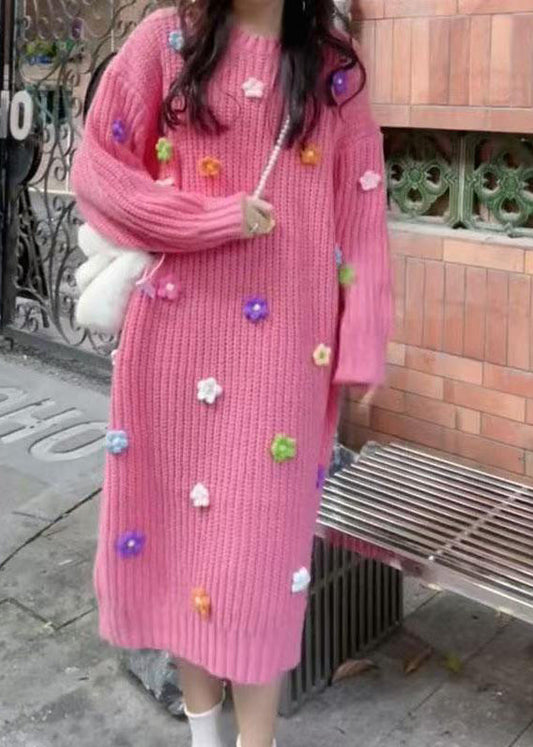 Stylish Pink O Neck Long Knit Dress Winter