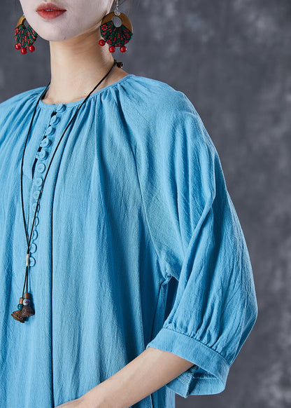 Blue Oversized Button Down Linen Long Dress Bracelet Sleeve