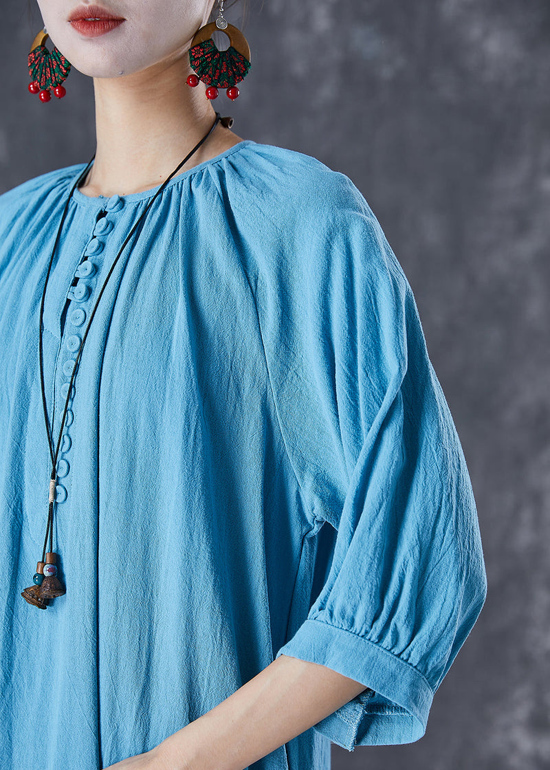 Blue Oversized Button Down Linen Long Dress Bracelet Sleeve