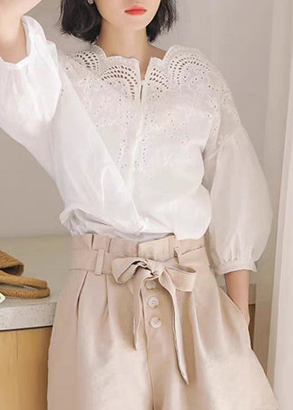 Unique White Hollow Out Shirts Puff Sleeve Summer