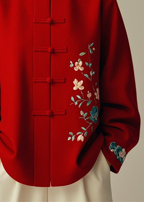 Red Stand Collar Print Cotton Coats Spring